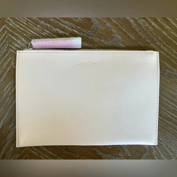 New Lancôme Paris Cream Travel Makeup Cosmetics Pouch with Hot Pink Lining - Picture 1 of 6